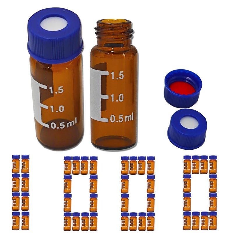 ZYNXTAR 2ml Autosampler Vial HPLC Vials 1000 Pcs Lab Amber Vials Brown Glass Vial with Blue Screw Caps Writing Patch Red PTFE & White Silicone Septa fit for LC Stamper - Image 1